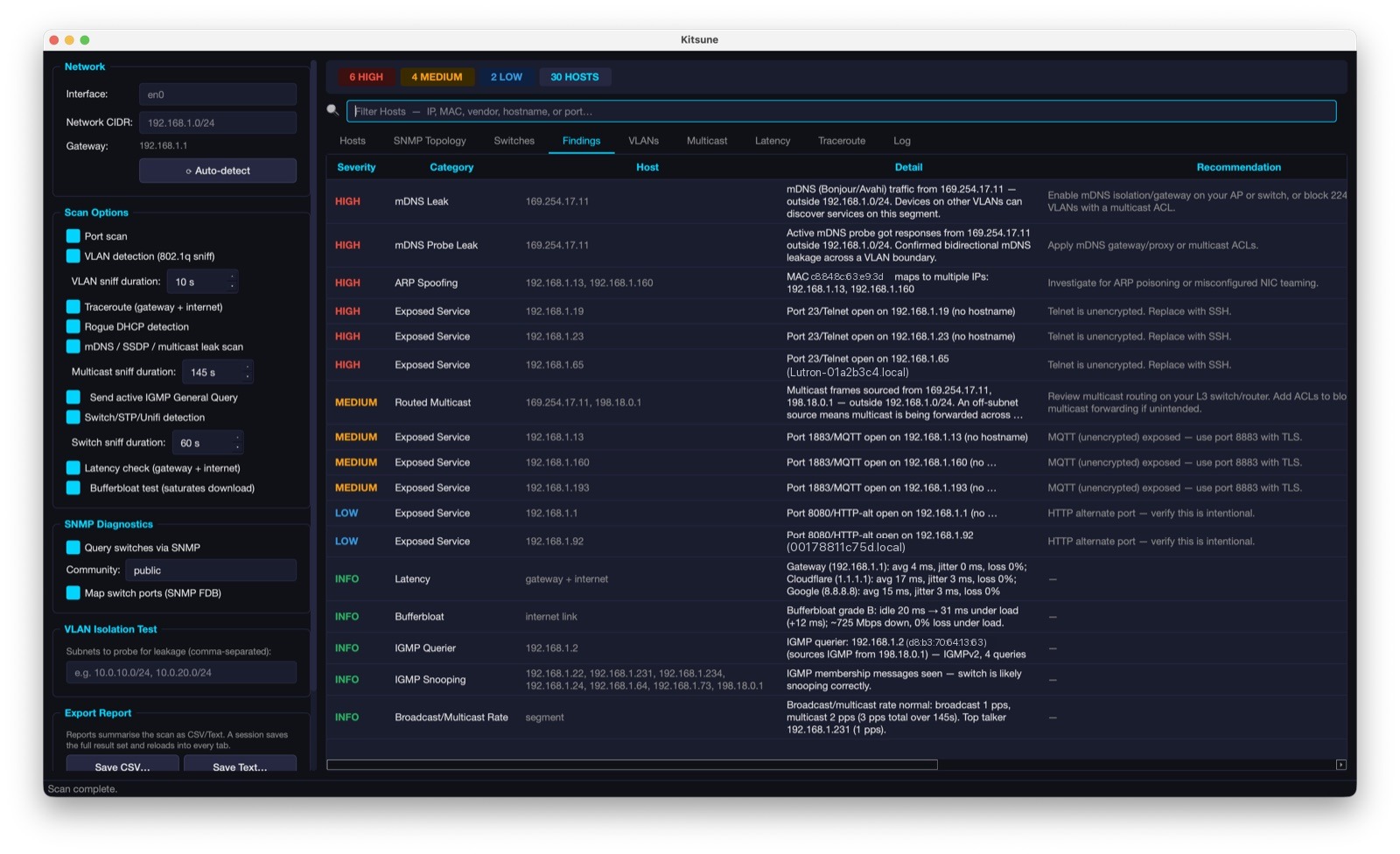Kitsune findings view with prioritized security findings