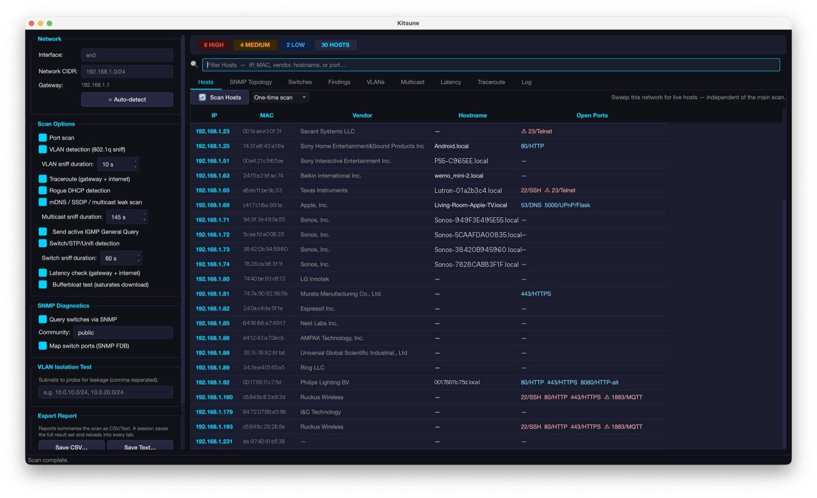 Kitsune host inventory with vendors, hostnames, and open ports