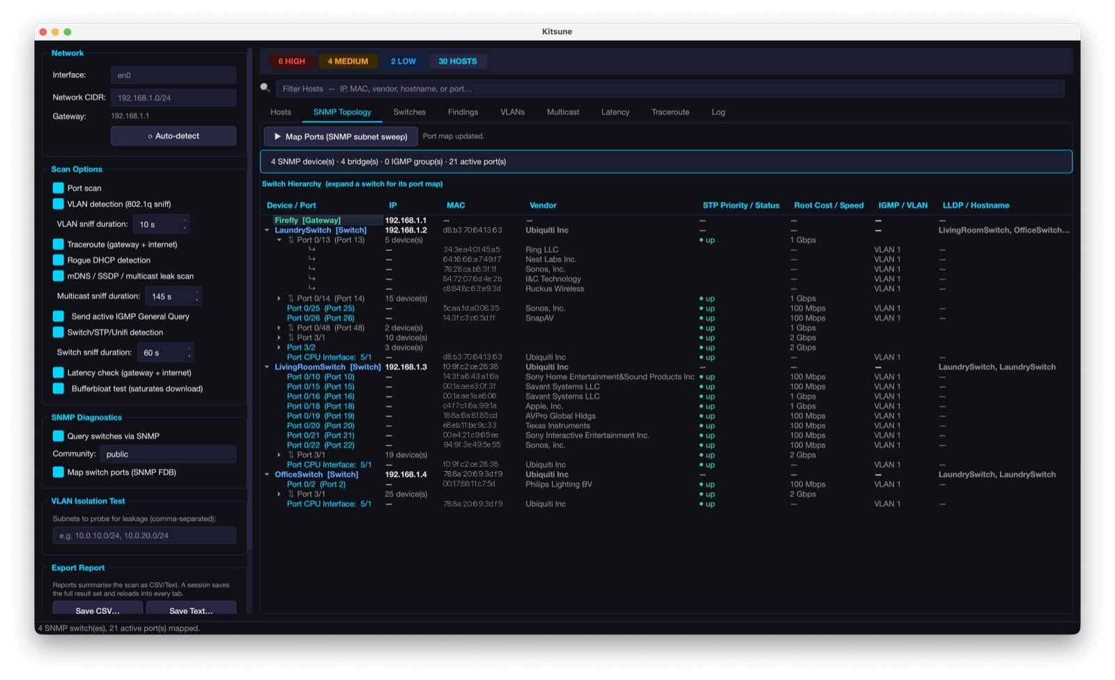 Kitsune SNMP switch topology with port maps and STP status